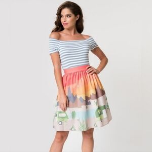 NWT Unique Vintage Striped Top and Colorful Skirt with Yellow Belt